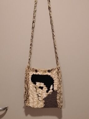 Elvis Handmade Crochet Sling Bag with Black and Cream Face Motif